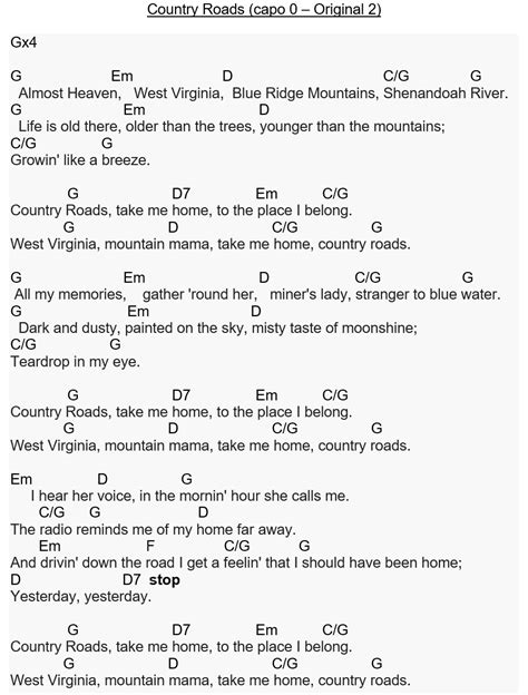 country roads chords g